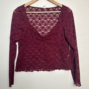 BP Long Sleeve Floral Lace Top Burgundy Sweetheart Neck XL